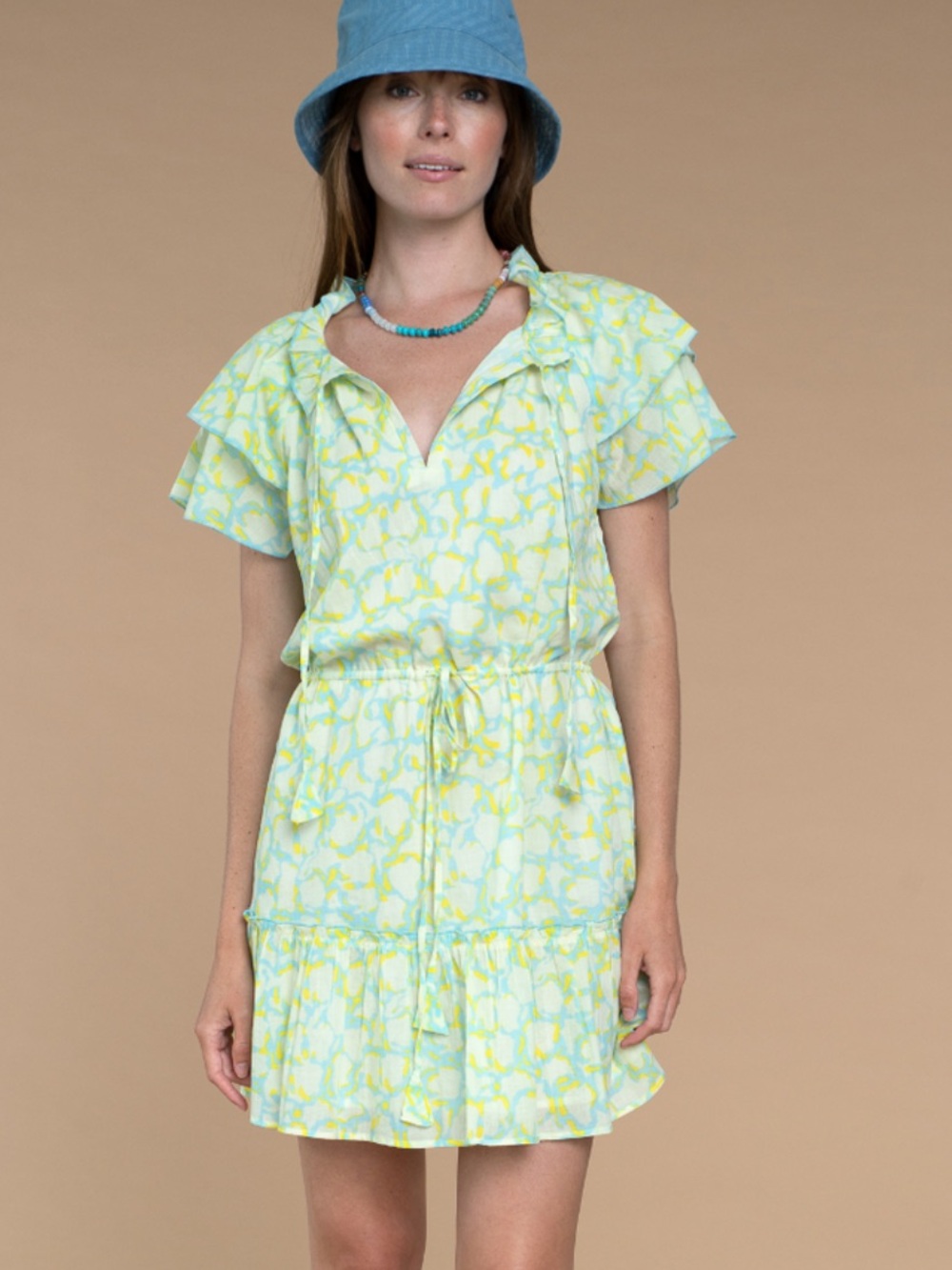 Olivia James The Label Tinsley Cotton Dress | white, aqua, yellow print | medium
